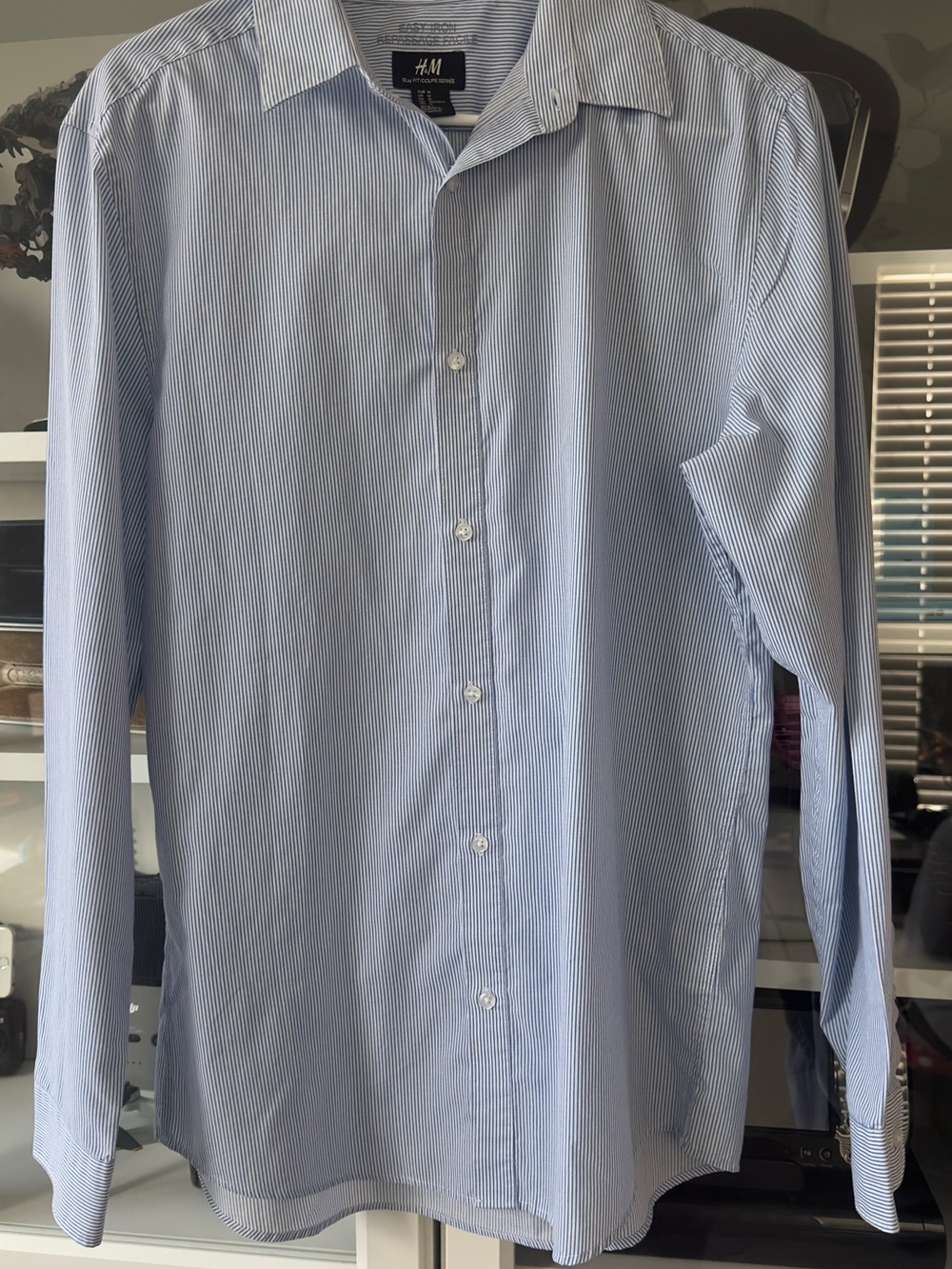 H&M Blue and White Pinstripe Long-Sleeve Dress Shirt